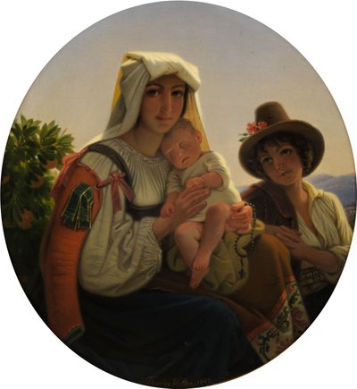 Mère italienne avec un enfant en bas âge et un garçon dans un paysage - Theodor Leopold Weller